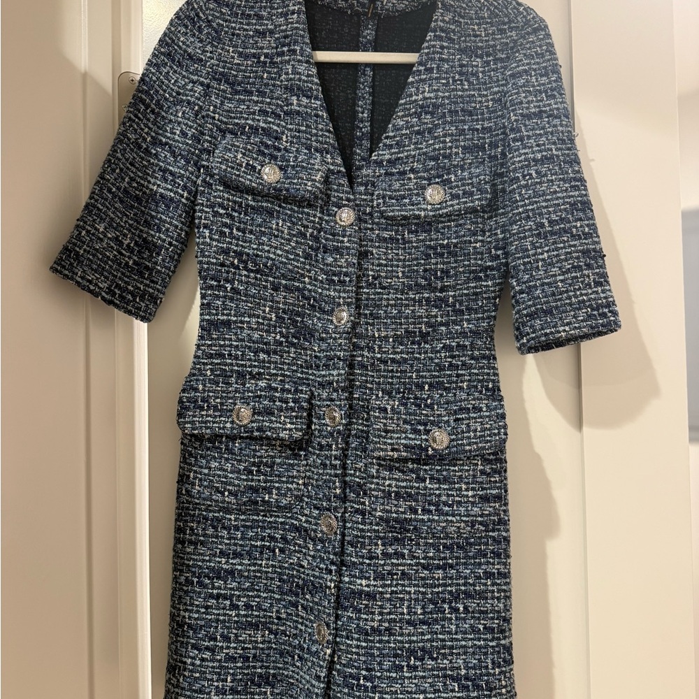 Maje Make Front Classic Preppy Rollye Knit Blue Dress Tweed Size 34 - Picture 3 of 9